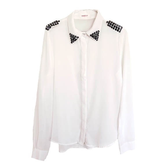 Annabelle•Sheer White Button ⬇️ w/ Studded Collar - Picture 2 of 7
